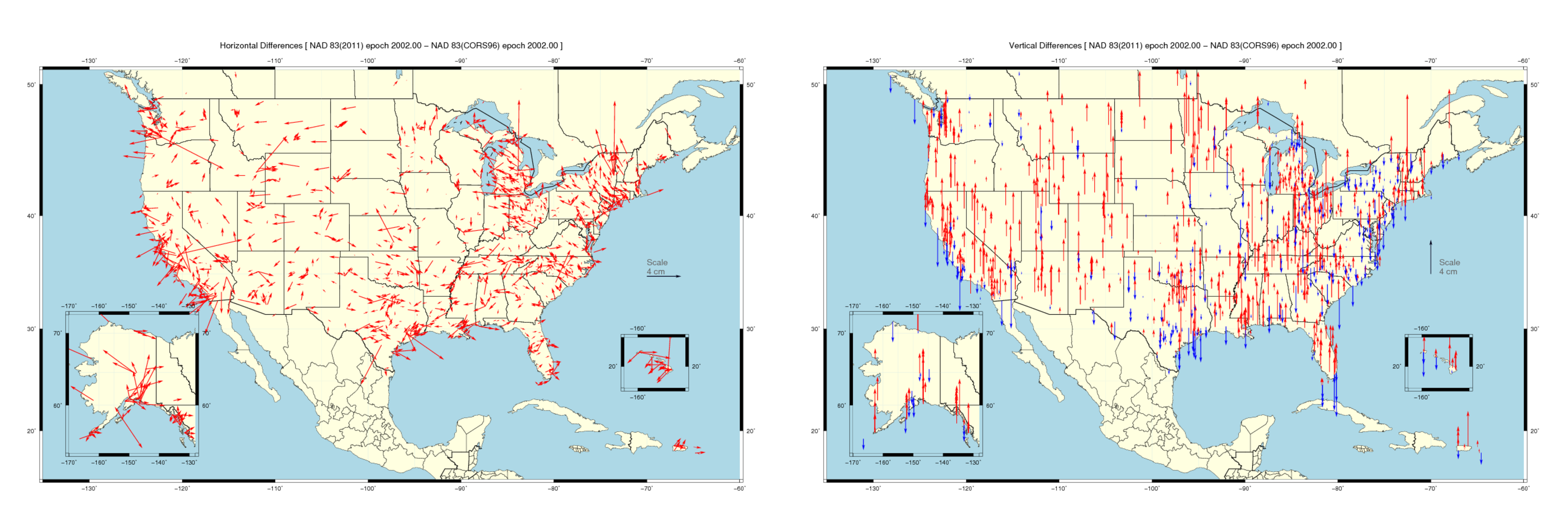 Figure 1: Difference in positions of NAD83(2011) epoch 2002.00 minus NAD83(CORS96) epoch 2002.00. Horizontal (left), Vertical (right)