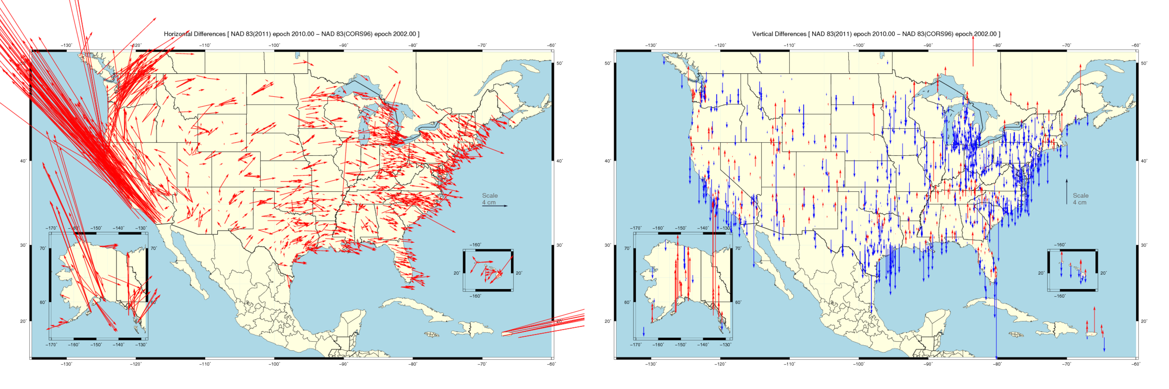 Figure 2: Difference in positions of NAD83(2011) epoch 2010.00 minus NAD83(2011) epoch 2002.00. Horizontal (left), Vertical (right)