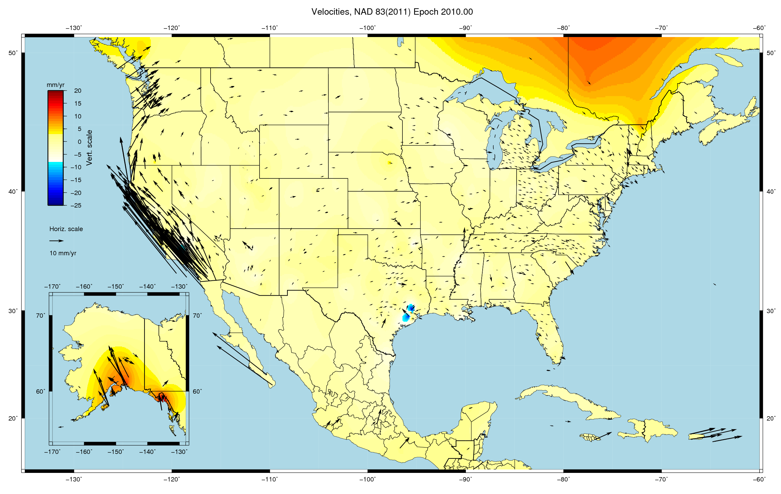 Figure 4: Site velocities with respect to NAD83(2011) epoch 2010.00