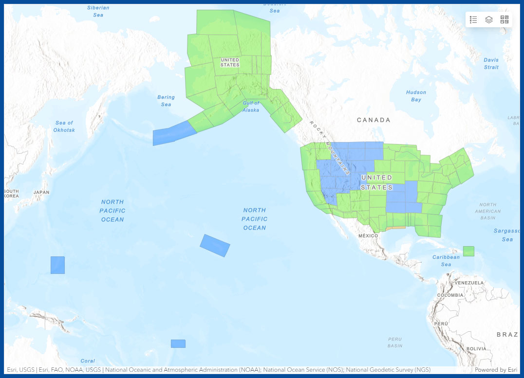 image of the GRAV-D Data Products Dashboard map.  Shows areas where airborne gravity data collection efforts.